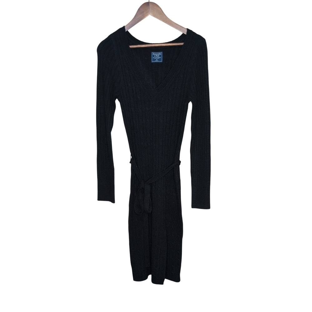 Abercrombie & Fitch Black Ribbed Cable Knit‎ V-Neck Tie-Waist Midi Dress Medium